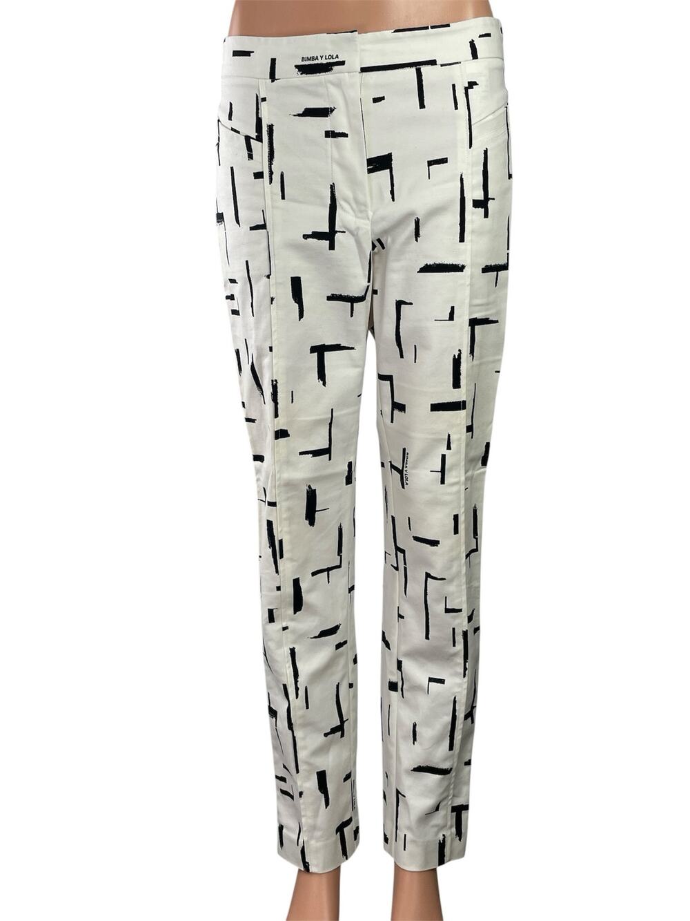 Bimba Y Lola Women's White Black Abstract High Rise Straight Trousers Pants 8